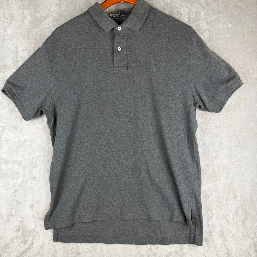 Polo Ralph Lauren Mens Large Grey Short‎ Sleeve Pique Polo Shirt Green Pony Logo